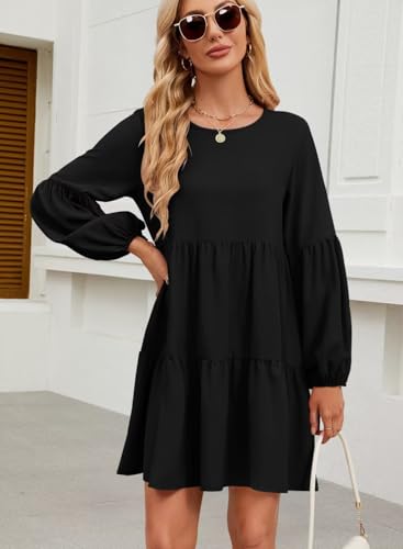 Image of QACOHU Falll Dresses for Women 2026 Crew Neck Long Lantern Sleeve Casual Loose Flowy Swing Shift Dress