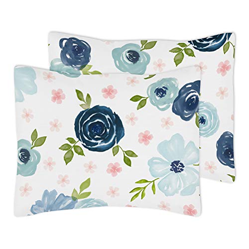 Sweet Jojo Designs Navy Blue And Pink Watercolor Floral Girl Full/Queen Size Kid Childrens Bedding Comforter Set - 3 Pieces - Blush, Green And White Shabby Chic Rose Flower #TOP4