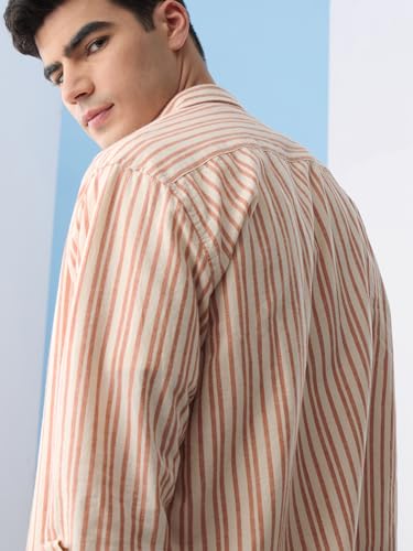 Image of The Souled Store Cotton Linen Stripes: Apricot Men and Boys Long Sleeves Collared Neck Orange Stripes Regular Fit Lightweight Comfortable Summer Cotton Linen Shirts