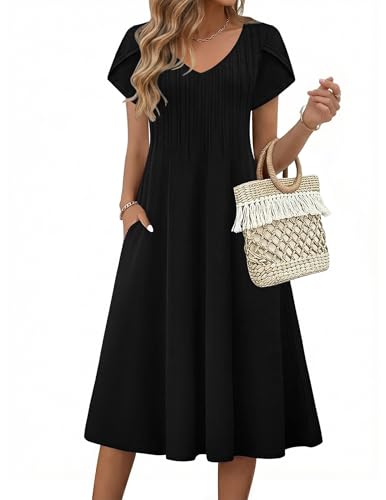 Zeagoo Black Ladies Dress Womens Modest Dresses Boho Midi Dresses for Women Aline Dress 2026 Short Sleeve Summer Dress Pleated Boho Sundress Black L