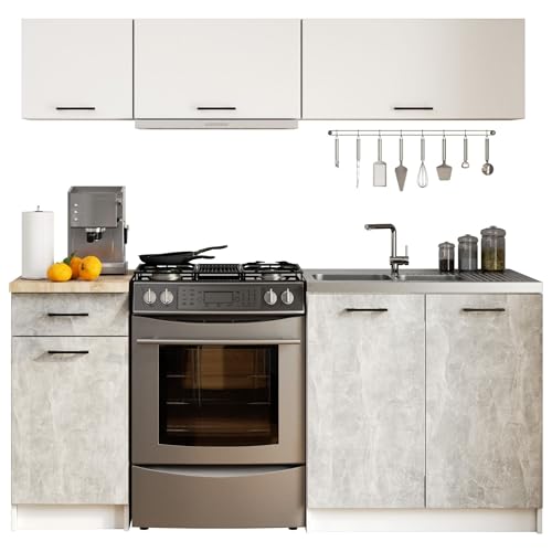 AKORD | Set di Mobili da Cucina Olivia 1.8m G1 | Cucina Completa Piccola | Componibile | su Misura 46 x 180 x 174 cm | Per un design moderno e Tradizionale | Bianco & Cemento Frontale
