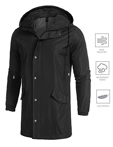 JINIDU Men's Long Waterproof Rain Jacket with Hood Lightweight Packable Raincoat for Outdoor,Hiking,Travel,Business,Fishing - Thumbnail 3