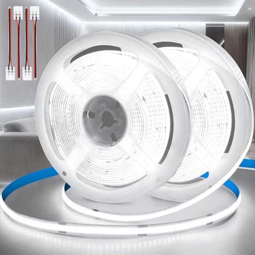 KSIBNW 12V COB LED Streifen Weiß, 10M(5Mx2) Selbstklebend LED Strip Kaltweiß 6000K Licht Band 8mm Breite CRI90+ 320LEDs/m Flexibel LED Leiste für Wohnmobil Küche Schlafzimmer Dekoration, Ohne Netzteil
