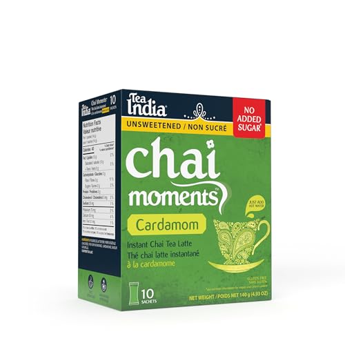 Tea India Chai Moments Unsweetened Cardamom Chai Tea Instant Latte Mix Flavorful Blend Of Premium Black Tea, Cardamom & Natural Ingredients Traditional Indian Tea Individually wrapped 10 Sachets