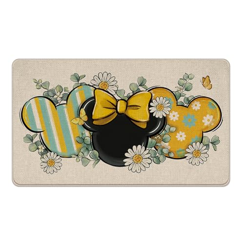 Pycat Spring Summer Decorative Front Door Mat Daisy Flower Eucalyptus Leaves Doormat Indoor Outdoor Non-Slip Floor Entryway Rug Teal Yellow Stripes Home Kitchen Decoration 17x29 Inch