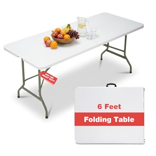 GlowitLian Folding Table 6ft Heavy-Duty 500lbs Weight Capacity Foldable Table with HDPE Top & Steel Legs Portable 6 Foot Picnic Table for Indoor Outdoor Parties Camping Event