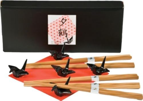 Fuji Merchandise 5 piece Crane Chopstick Set with Rests Black