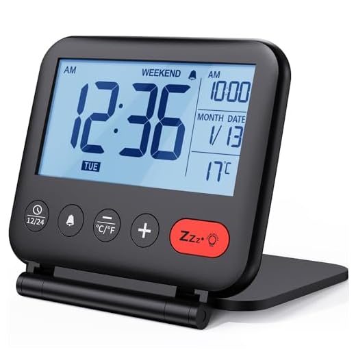 NOKLEAD Digital Travel Alarm Clock for Bedroom Office: Small LCD Desk Clock with Backlight Date Temperature Snooze 12/24H Weekend Mode and Mirror, Battery Powered Folding Bedside Clock for Adult Kids