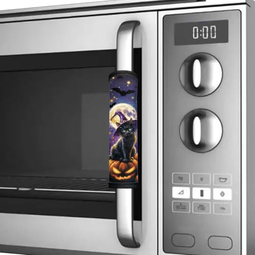 Image of Dreaweet Halloween Black Cat Witch Pumpkin Print Refrigerator Handle Covers