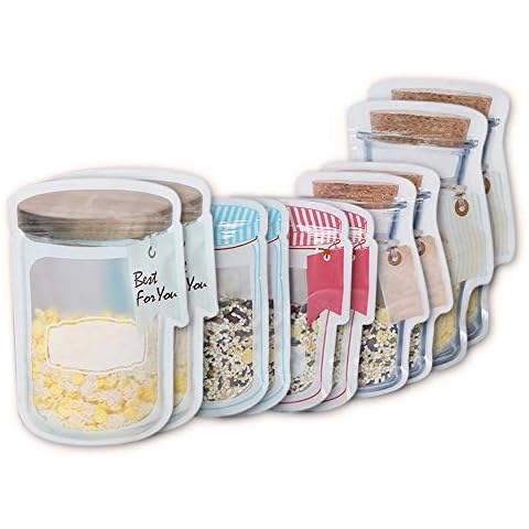 ANZKA 10 Pcs Reusable Jar Bags Mason Storage Bag for Food Snack Nut Dried Fruit Cookies, Safe Material Airtight Seal Leak-Proof Zip-lock Bottle Shaped Bag for Travel Camping Picnic Zipper Fresh Bags Cover