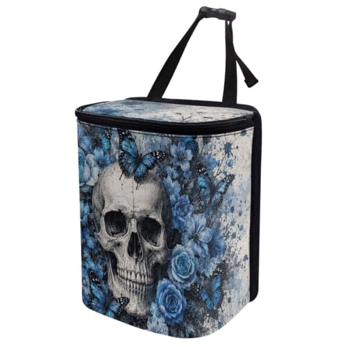 Image of Talayituse Blue Rose Skull Butterfly Print Car Trash Can Portable Auto Garbage Bin Multifunctional Vehicle Interior Accessories with Adjustable Straps Universal Fit Truck SUV Sedan