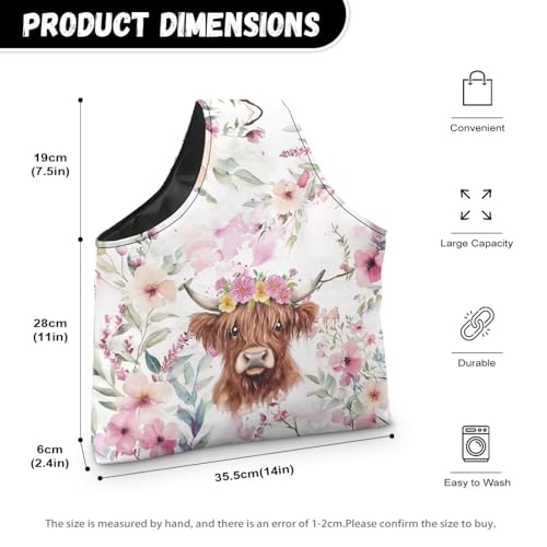 Image of ZUXONGSY Highland Cow Crochet Yarn Bag for Women Pink Floral Knitting Tote Bag for on The Go Travel Portable Knitting Project HanbBag for Crochet Hooks