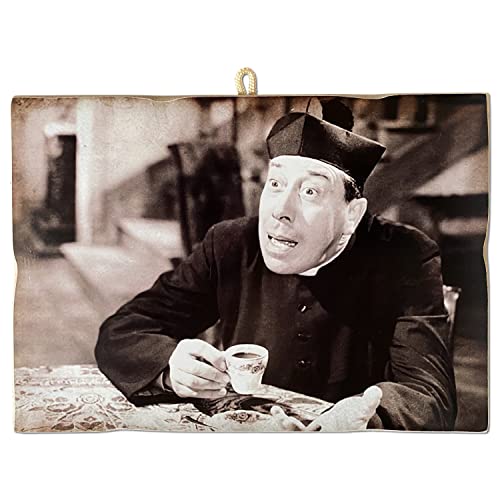 KUSTOM ART Quadro Quadretto Stile Vintage Serie Attori & Caffè Don Camillo (Fernandel) Stampa su Legno 18x25 cm.