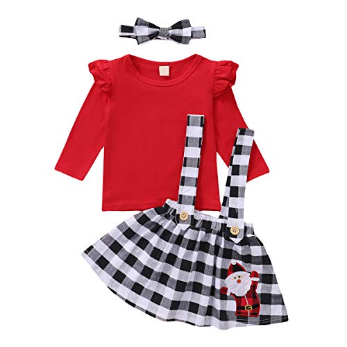 Toddler Baby Girl Christmas Outfit Ruffle Long Sleeve T-Shirt Top+Plaid Suspender Skirt+Headband 3PCS Clothes Set (Red, 4-5 Years)