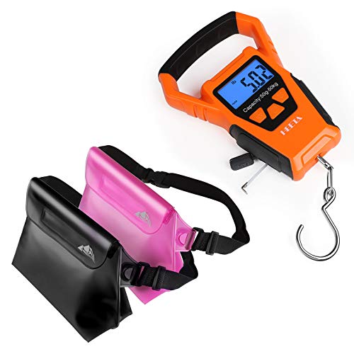 HEETA 2-Pack Waterproof Pouch with Waist Strap, Transparent Screen Touchable Dry Bag Bundle with Waterproof Fish Scale Digital with Backlit LCD Display