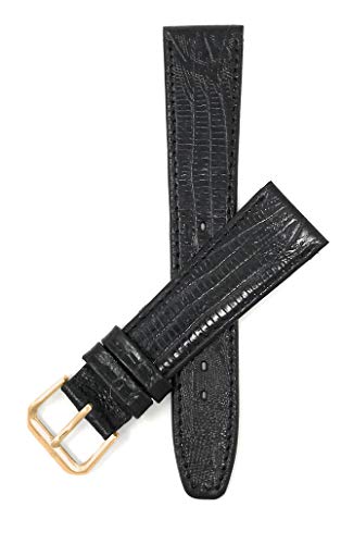 Bandini 20mm Italian Leather Watch Band Strap - Black - Lizard Pattern - Slim - Gold Buckle