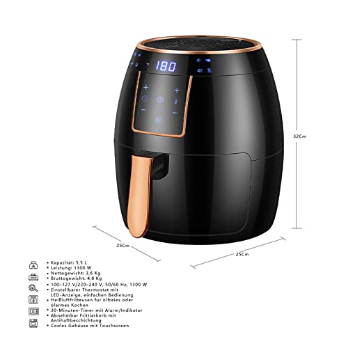 Iceagle Friteuse sans Huile 5,5 l Air Fryer XXL - Friteuse air Chaud Airfryer 1300W | Friteuse à Air Chaud avec 8 Programmes, écran tactile LED numérique, Timer, noir