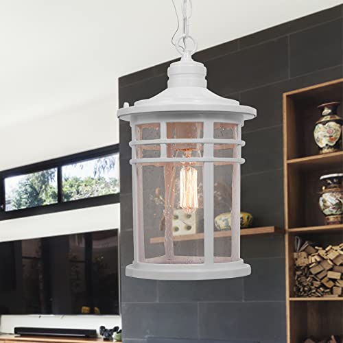 Image of Darkaway Large Outdoor Pendant Lights for Porch, 15inch Outdoor Chandelier Hanging Porch Lights Ceiling Mount Aluminum with Seeded Glass for Front Porch Gazebo Patio (Large, White)