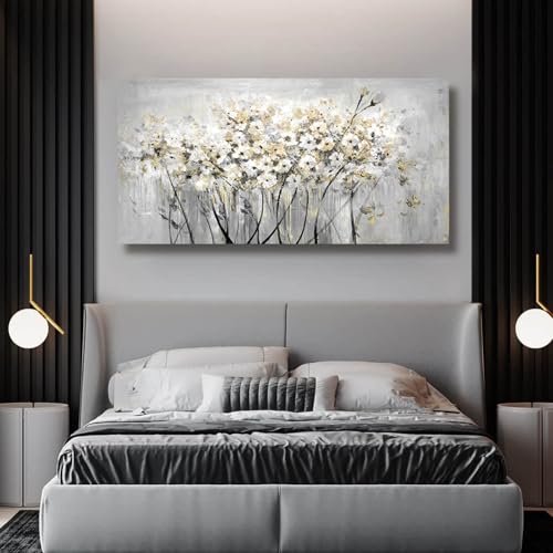 Image of VAYIMDH Gold Pictures Wall Decor Living Room Wall Hanging White and Grey Vintage Posters Floral Photo Prints for Bedroom Dining Room 24x48 Inch