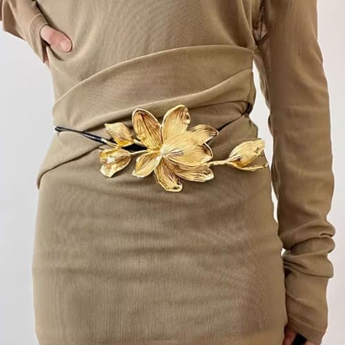 Golden Tulip Flower Belt with Skirt Jeans Decorated with Black Leather Rope Thin Waist Chain Women's Waist Chain Belt2