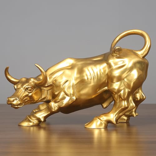 YouFine Brass Bull Figurine -Wall Street Bull Art Decor Bronze Bull/Cow/Ox Figure Statues and Sculptures Home Office Decor (A-Gold)