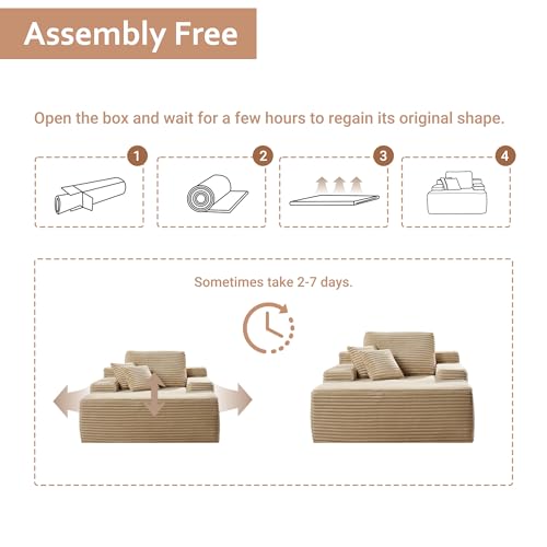 Image of HOOOWOOO Chaise Lounge Sleeping Couch, 48.5x67 Assembly Free Modern Minimalist Sofa, Extra Deep Large Single Seat Sofa, Free Standing Floor Couch in A Box for Living Room (Beige Velvet Upholstered)