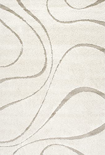 Image of Transitional Flames Shaggy Rectangular Carpet For Living Room,Bedroom,High Low Design Finish Microfiber 1.8 Inch Pile High,6X8 Feet Ivory|Beige Color