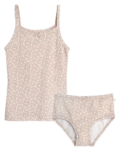 POPPY & CLAY Girls' Underwear Set - 2 Piece Organic Cotton Tag Free Cami Tank Top Undershirt and Underwear Briefs (2T-12), Size 6x, Taupe Print