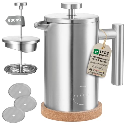 KIMIJO French Press Edelstahl 600ml I Thermo Kaffeebereiter isoliert I Doppelwandig incl. 3 Ersatzfilter & Korkuntersetzer I Spülmaschinenfest I Stempelkanne matt gebürstet 1