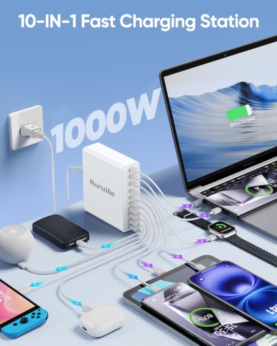 Image of 1000W USB C Charging Station, 120W PD GaN5 Super Fast USB C Charger Block-10 Port, Type C for PC Laptop MacBook Pro /Air Charger Compatible with iPhone 17 16 15 14 13 12 Pro Max, iPad, Galaxy