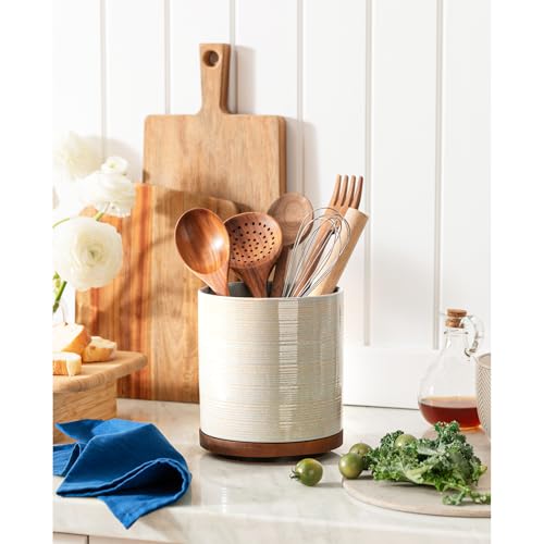 Image of Utensil Holder, 360 Rotating Extra Large Ceramic Kitchen Utensil Holder for Countertop, 7.3 inch Cooking Utensil Crocks with Rotatable Wooden Base, Farmhouse Decor, Dusty Gray