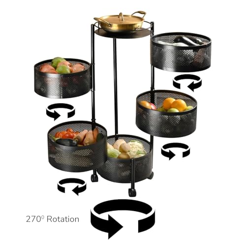 Image of KITCHIVO Kitchen Storage Rack | Revolving Vegetable Rack | Square Multipurpose Storage Trolley with Wheels | Metal Fruit Rack (Black Round, 5 Layer)