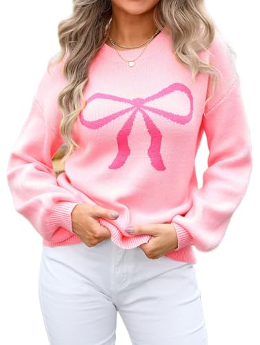 Image of Womens Knitted Pullover Bow Sweater Long Sleeve Crewneck Y2k Casual Bow Top