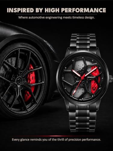 Image of V2A Men's Analog Automotive Inspired Wheel Rim Design Wrist Watch | Stainless Steel Bracelet| Quartz Movement | 30M Water Resistant | Premium Black Metal Strap Watch for Men | Casual & Formal