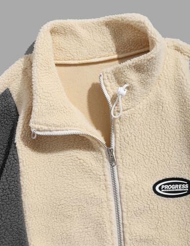 ZAFUL Men's Long Sleeve Zip Up Coat Faux Fur Ethnic Color Block Pullover Tops Pocket Drawstring Hem Oversized Outwear Jacket3