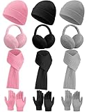 Suhine 12 Pcs Winter Soft Kid Hat Scarf Gloves Earmuffs Set Knit Hat and Gloves Neck Warmer Plush Ear Muffs for Kid Aged 3-10 (Pink,Black,Gray,Fashion)