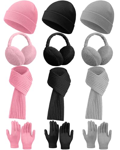 Suhine 12 Pcs Winter Soft Kid Hat Scarf Gloves Earmuffs Set Knit Hat and Gloves Neck Warmer Plush Ear Muffs for Kid Aged 3-10 (Pink,Black,Gray,Fashion)