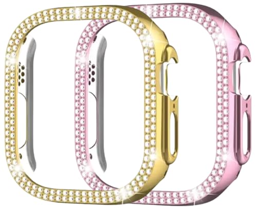 Image of AMiRiTE ADS144 Bling Diamond Rhinestone Ony Bumper Watch Case Cover Without Glass Compatible with Apple iWatch Series 49mm Ultra /Ultra 2 (49MM [ Bling CASE Combo Pack of 2 ], Gold & Rose Pink)