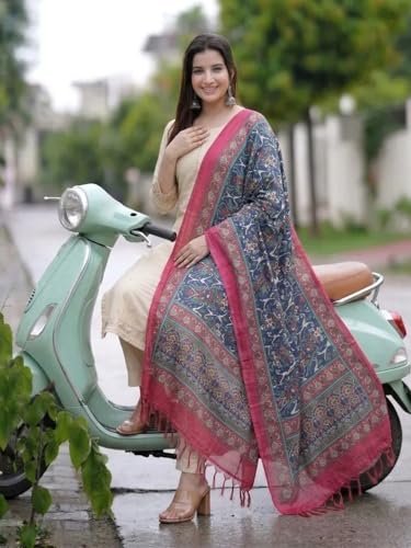 Image of GoSriKi Kurta Set Women Viscose Embroidered | Kurti Set Woman | Kurta Pant Dupatta 3 Piece Outfit | Round-Neck 3 /4 Sleeve Straight Fit Ethnic Wear Ladies Dress Stylish Traditional Clothing