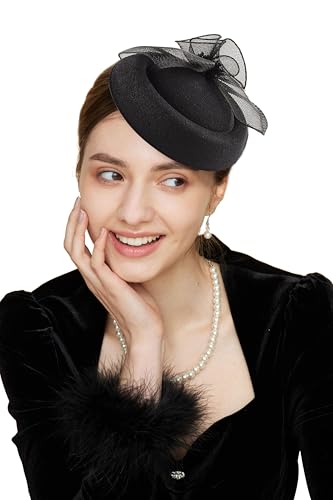 Gionforsy Fascinators Hats Pillbox Tea Party Fascinator Hats for Women Feather Veil Hat Headband for Cocktail Wedding (US Alpha One Size Black)