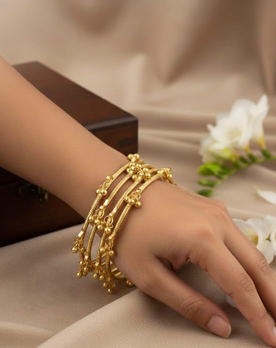 Image of Kashmiri Traditional Bangles Set for Women | Gold Plated Handcrafted Ghungroo Bangles | Ethnic Bridal Festive Jewellery | Set Of 4 Bangles
