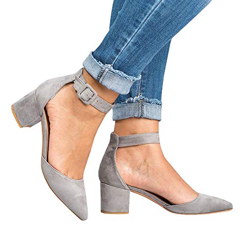 Huiyuzhi Womens Ankle Buckle Chunky Heeled Sandals Pointed Toe Strappy Summer Pumps - Image 3