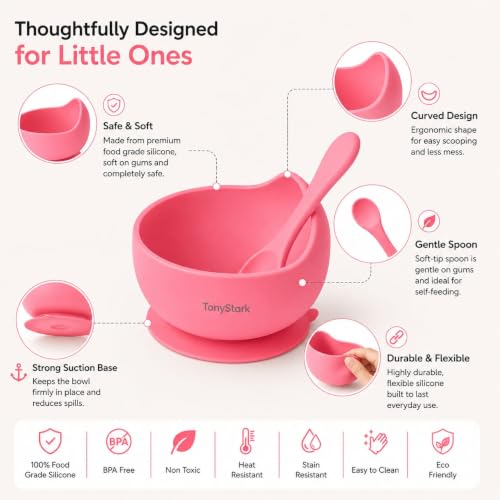 Image of TONY STARK Silicone Unbreakable Baby Bowl & Handle Spoon - Suction Design, Non-Slip, BPA Free, Dishwasher & Microwave Safe (Pink, 1 Set)