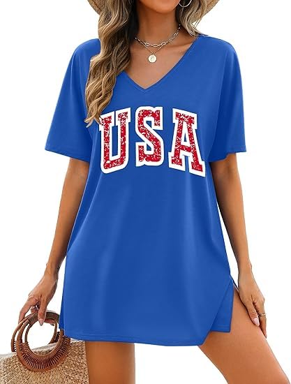 LYEIAO Women American Flag Dresses Patriotic USA Flag Tees Shirt 4th of July V Neck Beach Swimsuit Coverup(Blue M)