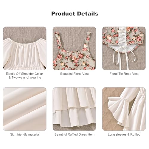 Little Girl Renaissance Vintage Medieval Retro Dress with Vest Long Sleeve Floral Ruffle Victorian Elegant Photo Outfits 6