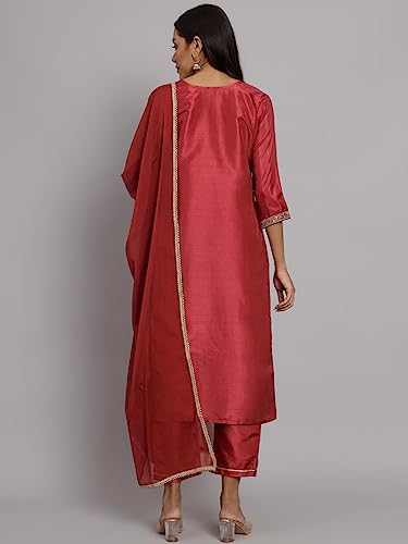 Image of VredeVogel Women's Silk Blend Embroidered Kurta with Pant & Nazneen Dupatta Set