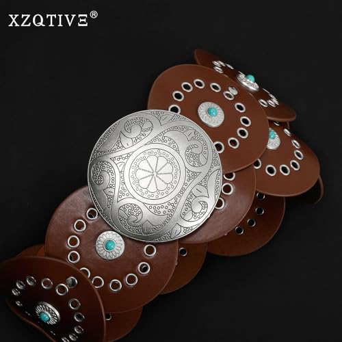Image of XZQTIVE Western PU Leather Belts for Woman Concho Cowgirl Cowboy Disc Belt for Ladies Wide Boho Country Waist Belts for Dress