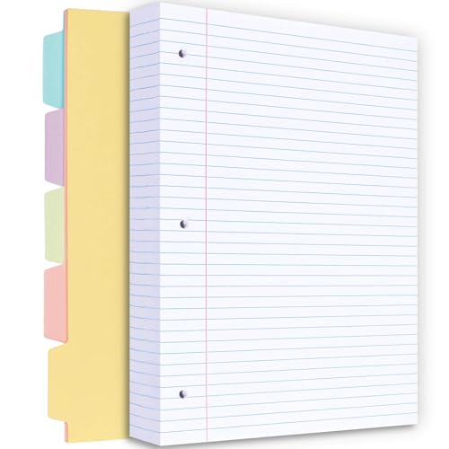 Filler Paper, 8.5” x 11” Lined Paper Notebook Paper, 3 Holes College Rule Paper with Dividers, 100gsm 100gsm Binder Paper A4 Loose Leaf Paper, 260 Pages