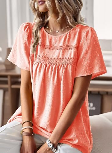 Image of Falechay Womens Summer Tops Crewneck Short Sleeve Shirts Casual Chiffon Blouses Flowy Lace Hem Boho Clothing Trendy 2026