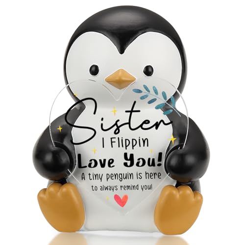 Pariveca Sister Penguin Figurine with Heart Acrylic Plaque, I Flippin Love You Inspirational Desk Sign, Cute Penguin Gift for Sister, Sentimental Birthday Christmas Keepsake, Office Home Decor PF016